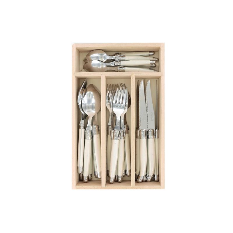 Andre Verdier Laguiole Debutant 24 Piece Flatware Set, Steak Knives, Forks, Soup Spoons, Teaspoons, Ivory Color, Made In France