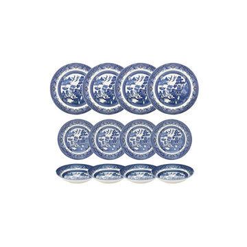 Churchill Blue Willow Dinner Plates, Salad Plates and Coupe Bowls 12 Piece Dinnerware Set, Made In England