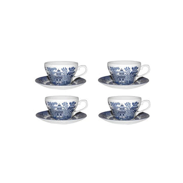 Churchill Blue Wollow 4 Teacup and 4 Saucer Set, Made in England