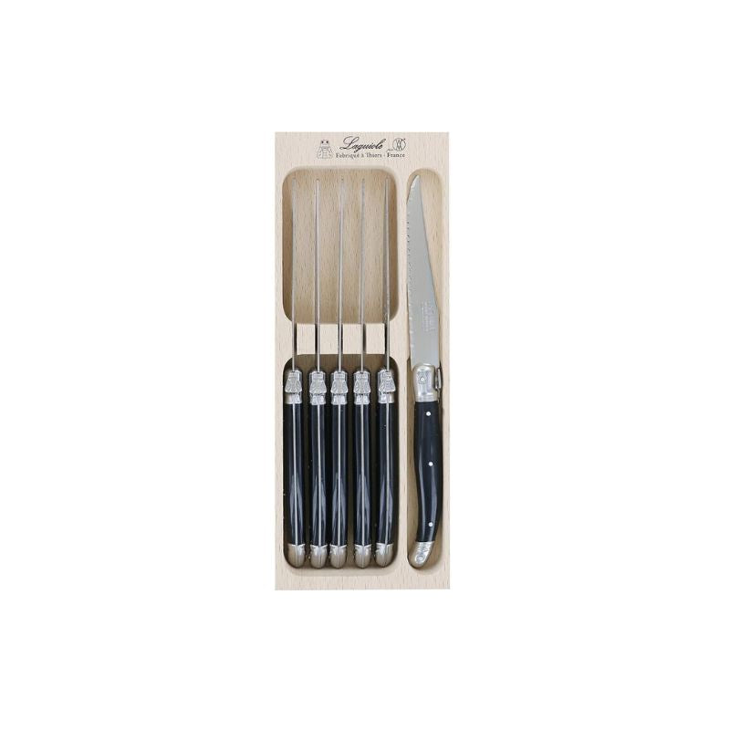 Laguiole Andre Verdier Debutant 6 Piece Steak Knife Set, Black, Made In France