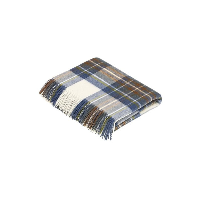 Moon Wool Plaid Throw Blanket, Pure New Wool, Muted Blue Stewart Tartan, Made in UK