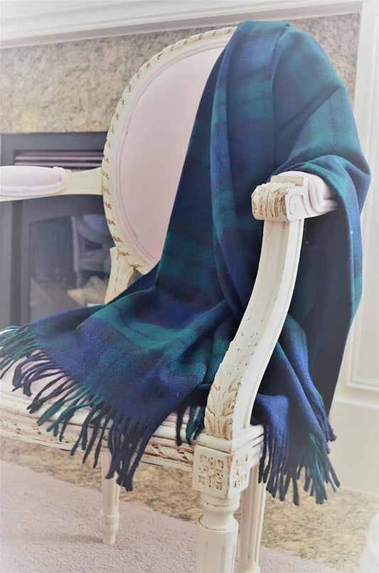 Moon Wool Plaid Throw Blanket, Pure New Wool, Tartan Black Watch, Made in UK